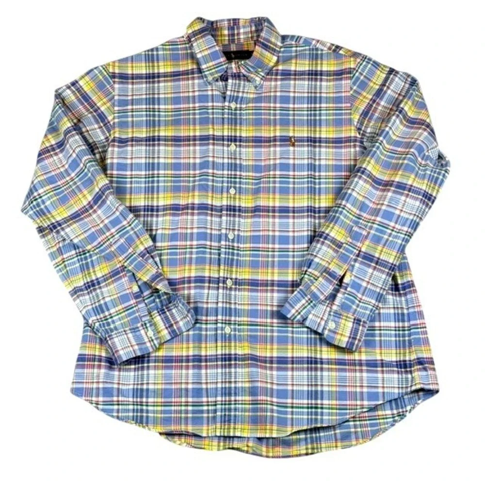 Ralph Lauren Mens XL Plaid Button Down Shirt Blue Yellow Cotton Long Sleeve